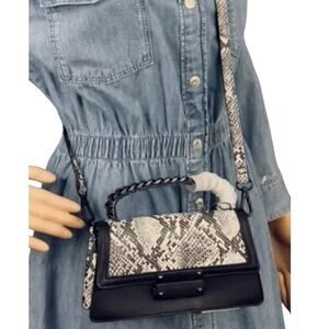 Nicole Miller NY crossbody shoulder bag black white snake print flap close NWT